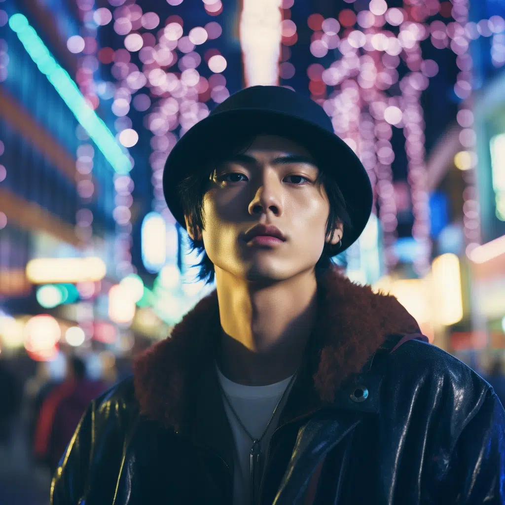 A man wearing a bucket hat in the city by night time